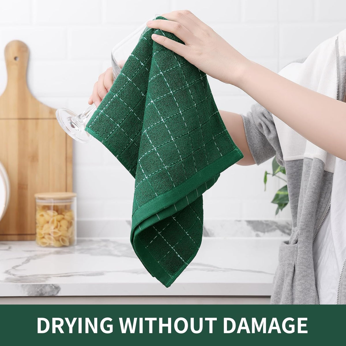 Homaxy 100% Cotton Terry Kitchen Towels, 4 Pack, Dark Green