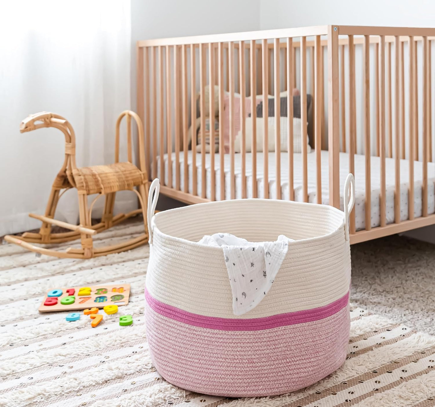 OrganiHaus Round Toy Basket & Blanket Basket, Cotton Rope 20x13" | Striped Pink - Round Cotton Rope Basket, 20x13"