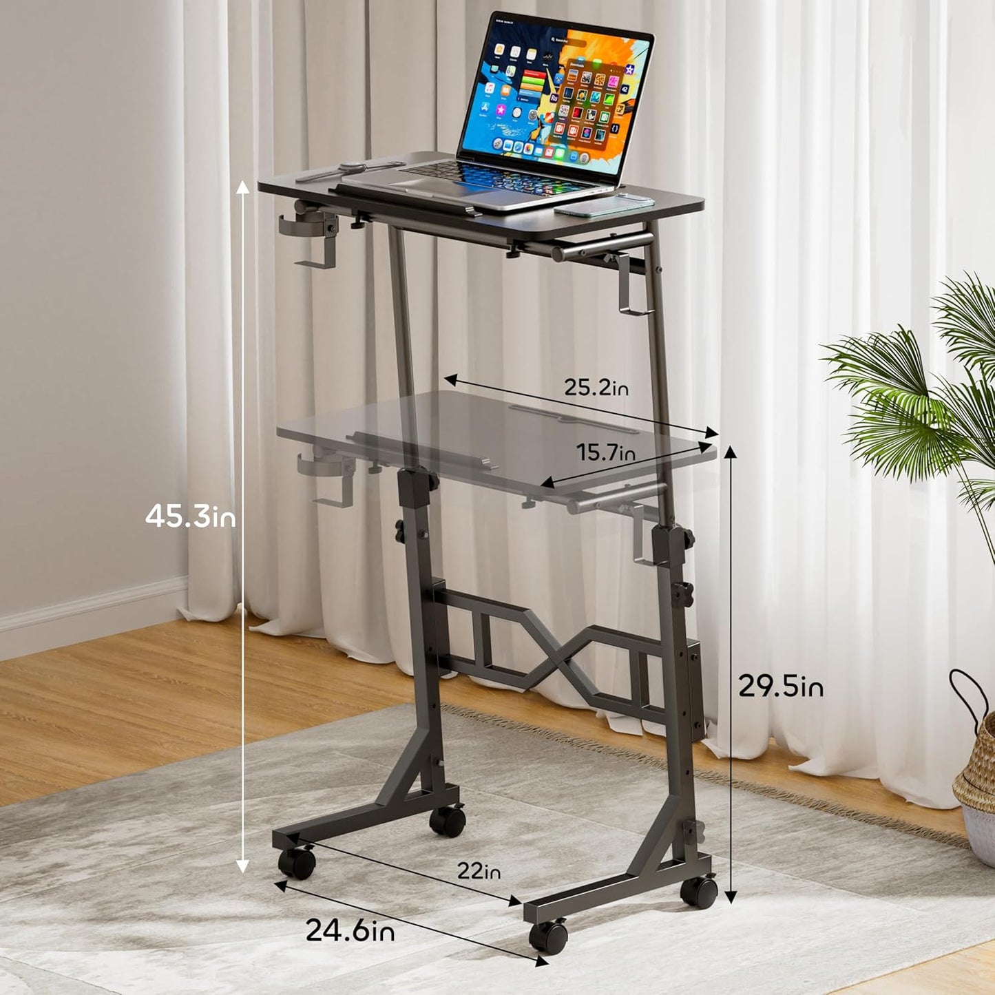 Oransail Small Standing Desk with Wheels, 29.5-45.3 Inch Adjustable Height, Portable Treadmill Desk, Rolling Computer Table for Walking Pad with a Cup Holder and a Hook