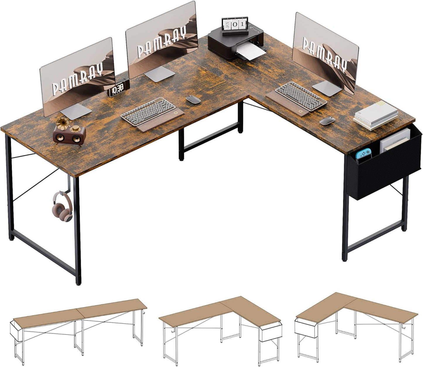 Pamray 64.5 Inch Reversible L Shaped Gaming Desk Large Corner Computer Desk with Storage Bag Home Office Table for Writing Study Vintage