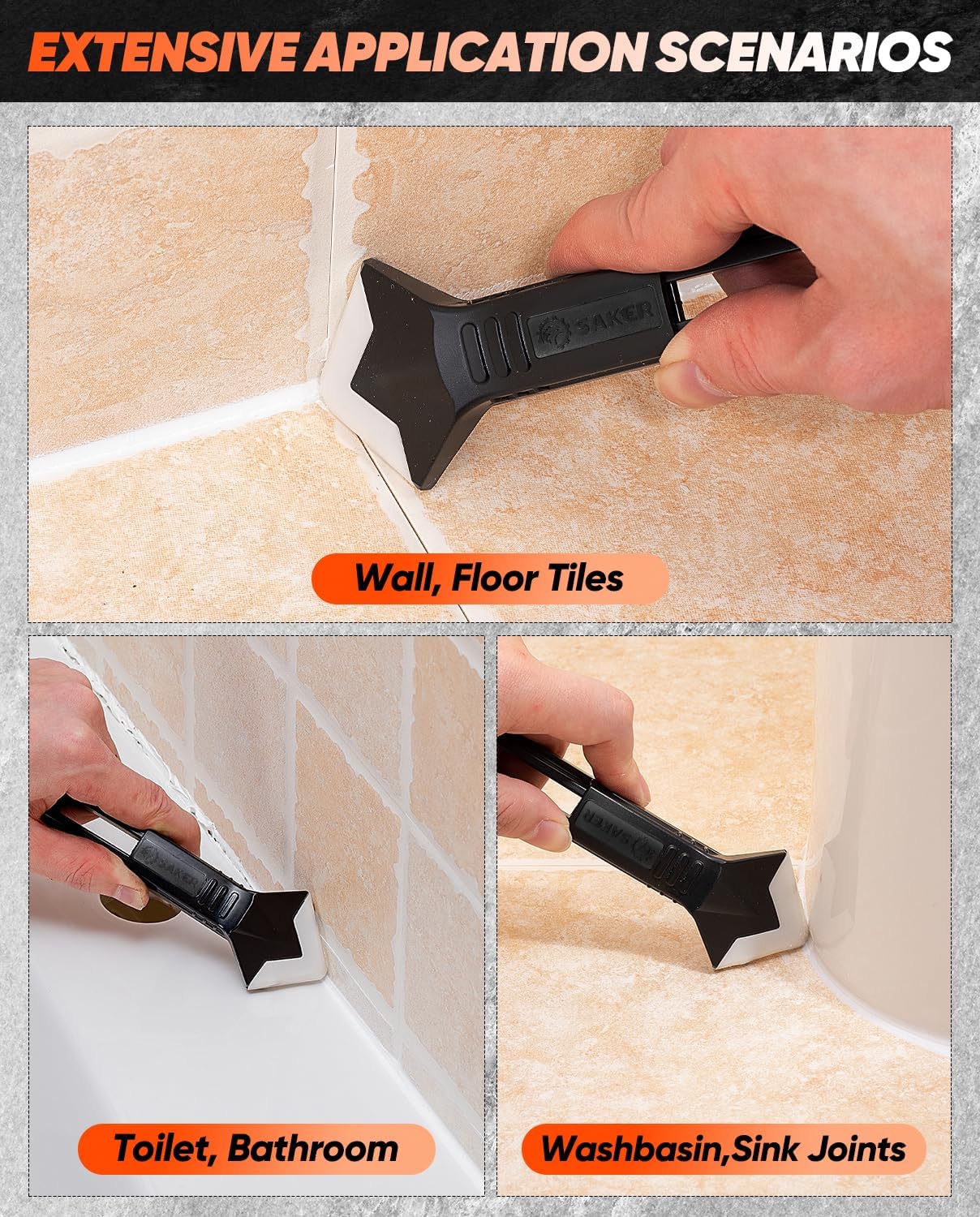 Saker Silicone Caulking Tool 3-in-1 Grout Removal Tool and Sealant Finishing Scraper with Stainless Steelhead, Caulk Remover and Seam Repair Kit for Bathroom, Kitchen, Floor, Window and Sink Joints