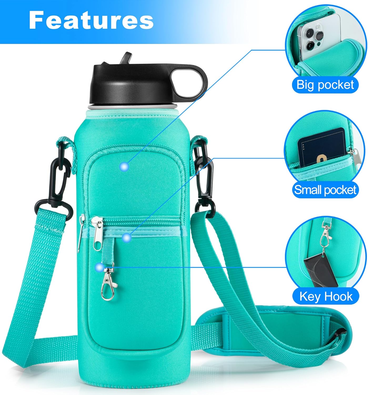 RRegeny Water Bottle Holder with Strap for Hydroflask 32oz 40oz, Carrier Sling Bag with Phone Pocket Water Bottle Sleeve for Men Women Hiking Camping Travelling