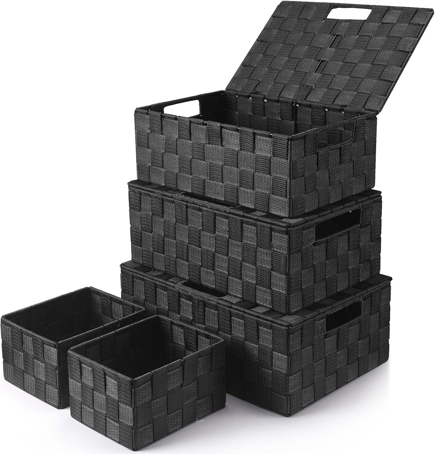 Storage Baskets with Lids: 5 Pack Stackable Woven Storage Bins, Black