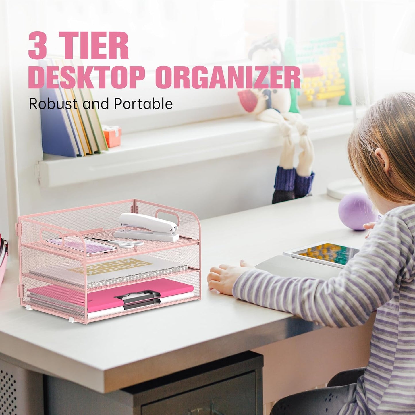 DALTACK 3 Tier Paper Organizer with Handle, Mesh Metal Desk Organizer with Sliding Paper Trays for Letter/A4 Paper, Mail, Bills & Folders, Pink