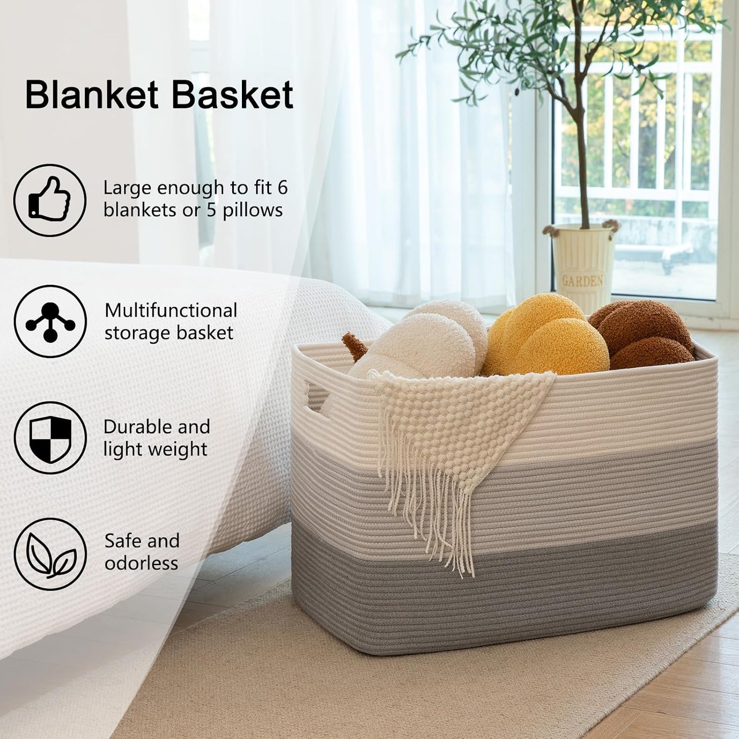 OIAHOMY Blanket Basket Laundry Basket Dog Toy Basket 108L Gradient Grey | Large Storage Basket,Baby Basket,Toy Storage,Woven Rope Basket for Blankets,Blanket Storage for Living Room