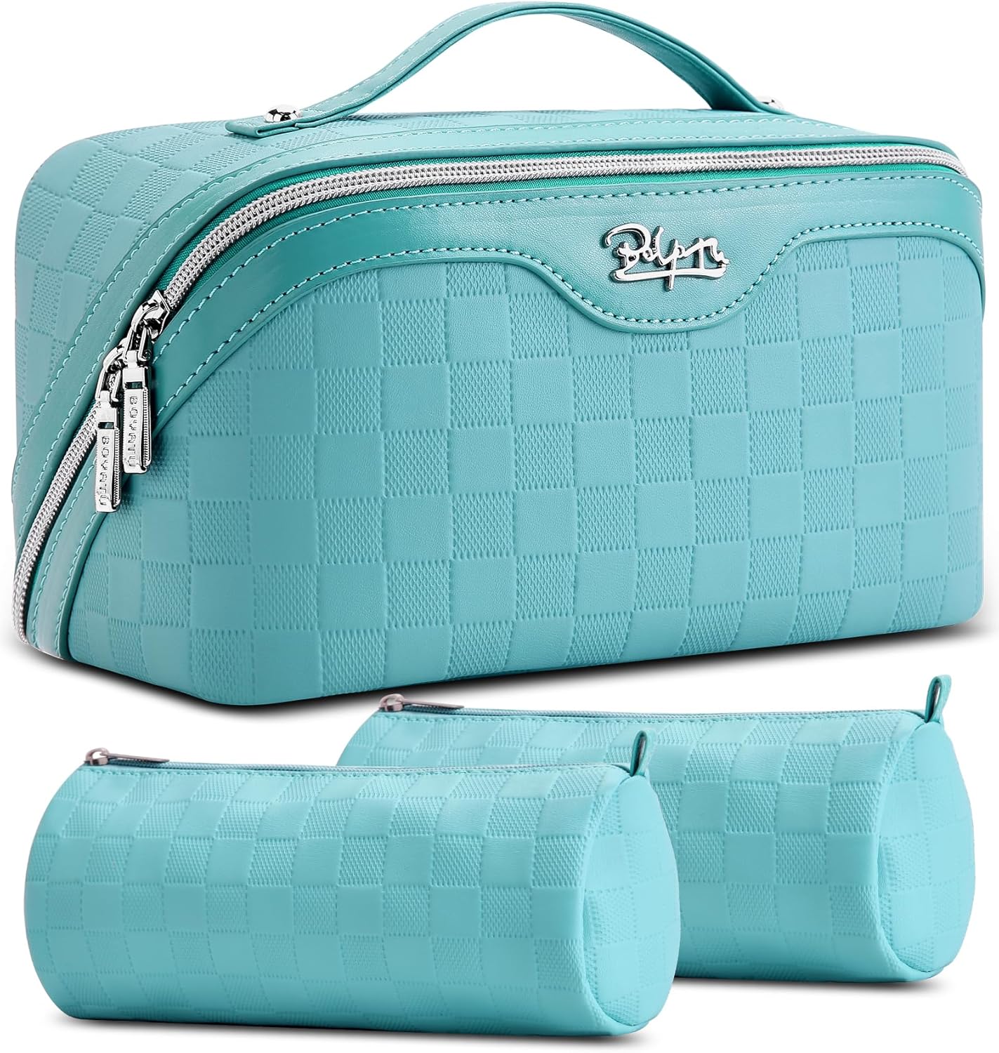 BOYATU Checkered Travel Makeup Bags: Vacation-Ready Light Blue Large Capacity Cosmetic Bag for Women - 3 Pcs Set Toiletry Organizer with Waterproof Leather - Easy to Clean Beach Trip Essential