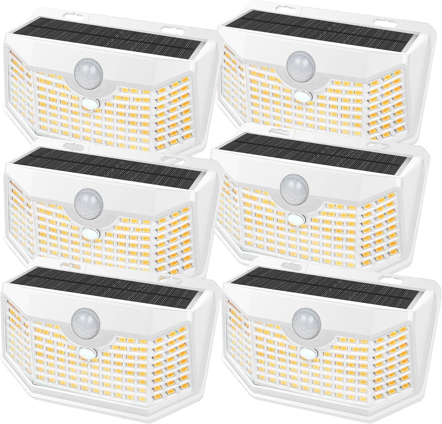 HMCITY 120 LED Solar Lights Outdoor with Motion Sensor and 3 Lighting Modes, IP65 Waterproof Wide Solar Wall Lights Ideal for Garden Patio Yard (Front Button 6Packs, White Shell-Daylight White)
