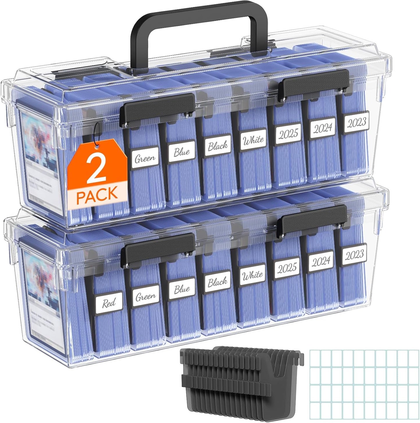 Lifewit Trading Card Storage Box fit for Toploader, Stackable Reinforced Latch Case with 8 Adjustable Dividers, Writable Labels, Organizer for MTG TCG Sports Baseball Bulk Cards, 2 PCS