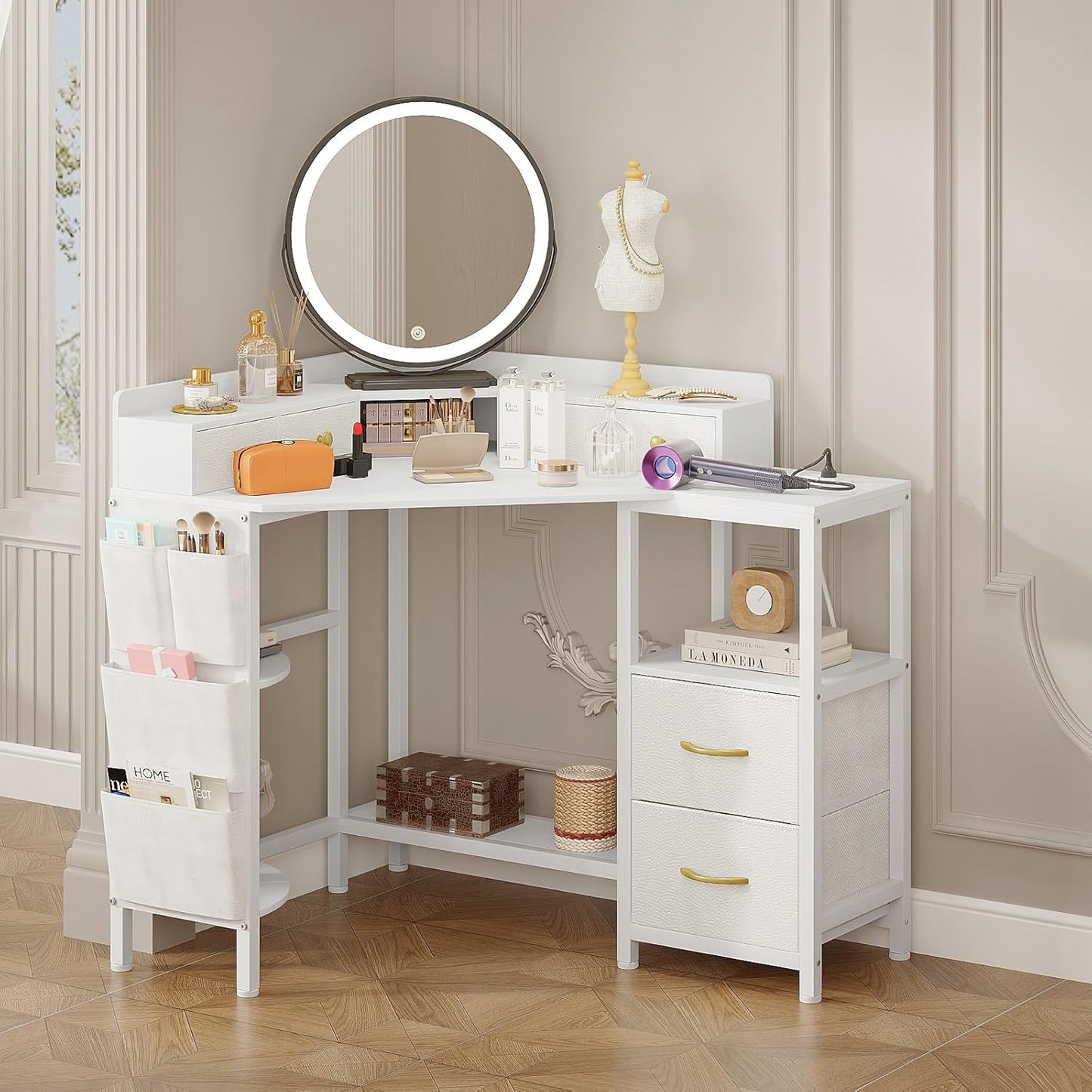 VENNQD Corner Desk with 6 Drawers Shelves for Small Space Computer Desk with Power Outlets,Gaming Desk with Printer Monitor Stand Storage for Home Office Workstation Writing Table (White, 31.5)