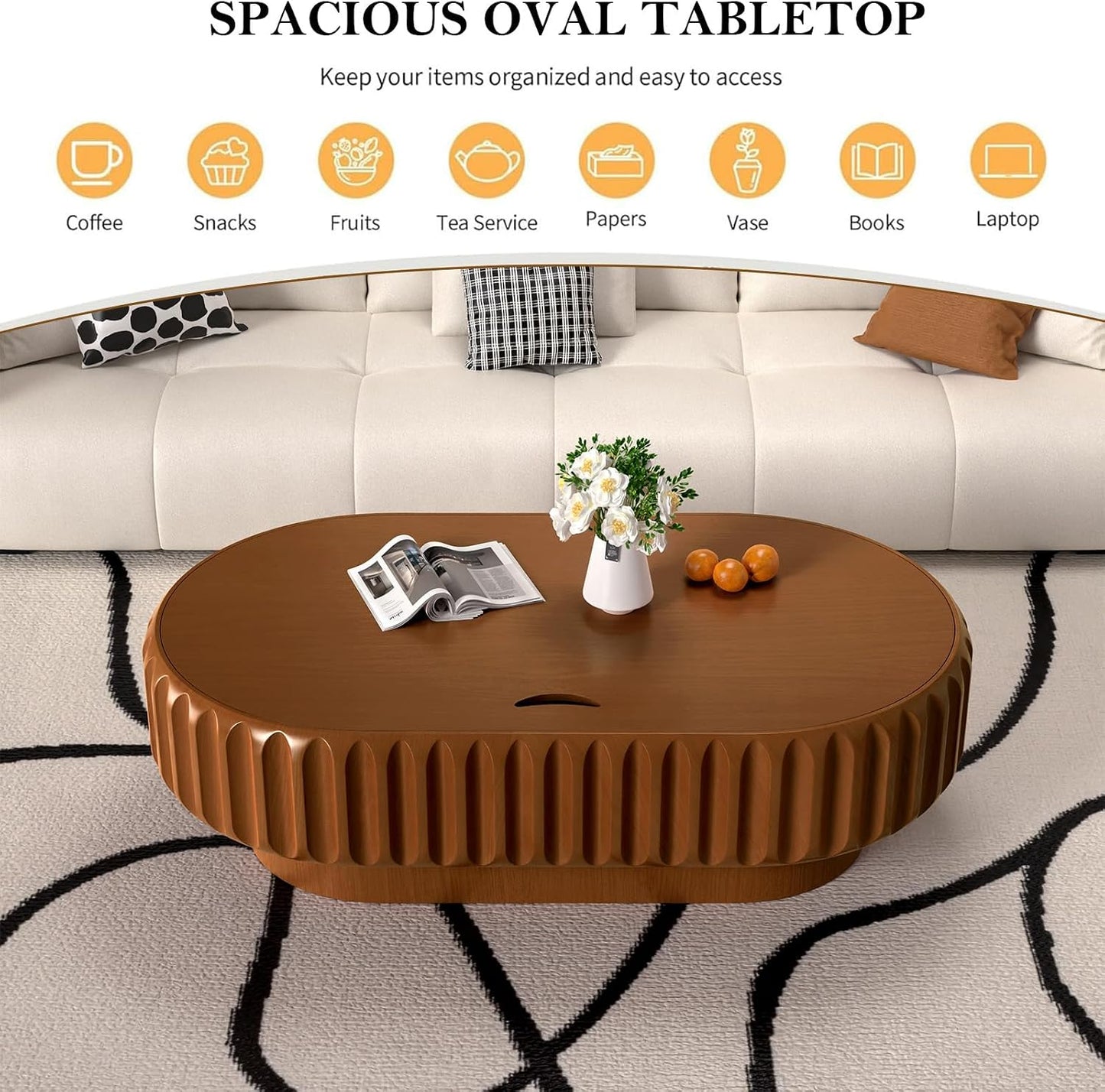 43.3" Oval Drum Fluted Coffee Table with Storage (O) | Mid-Century Modern, Easy Assembly, Sturdy Pedestal, Center Tables for Apartment Living Room