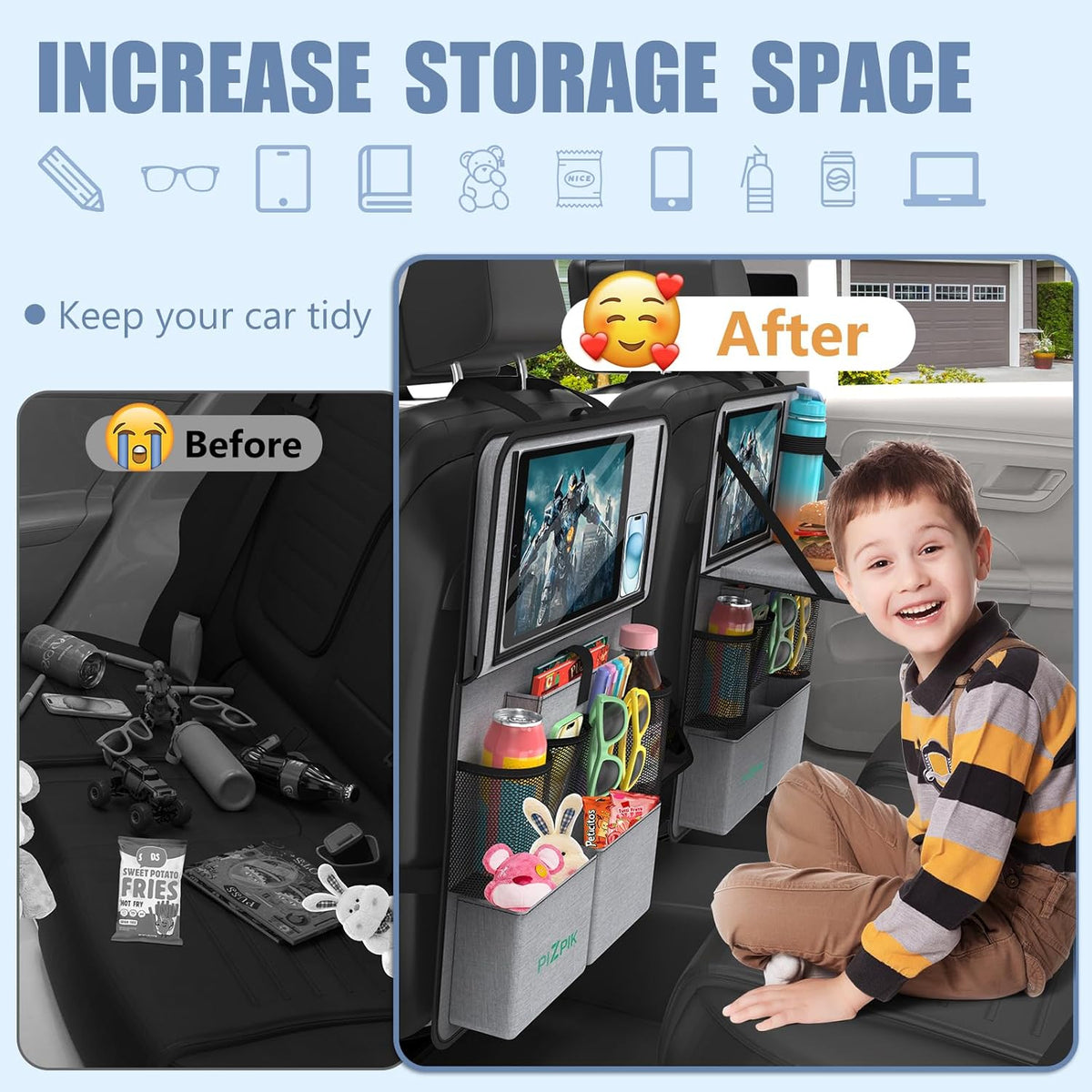Plzpik Car Backseat Organizer with Tablet Holder,11 Storage Pockets with Foldable Food Tray, Protector Kick Mats for Kids, Travel Accessories Organizer (Gray, 2Pack with Food Tray)