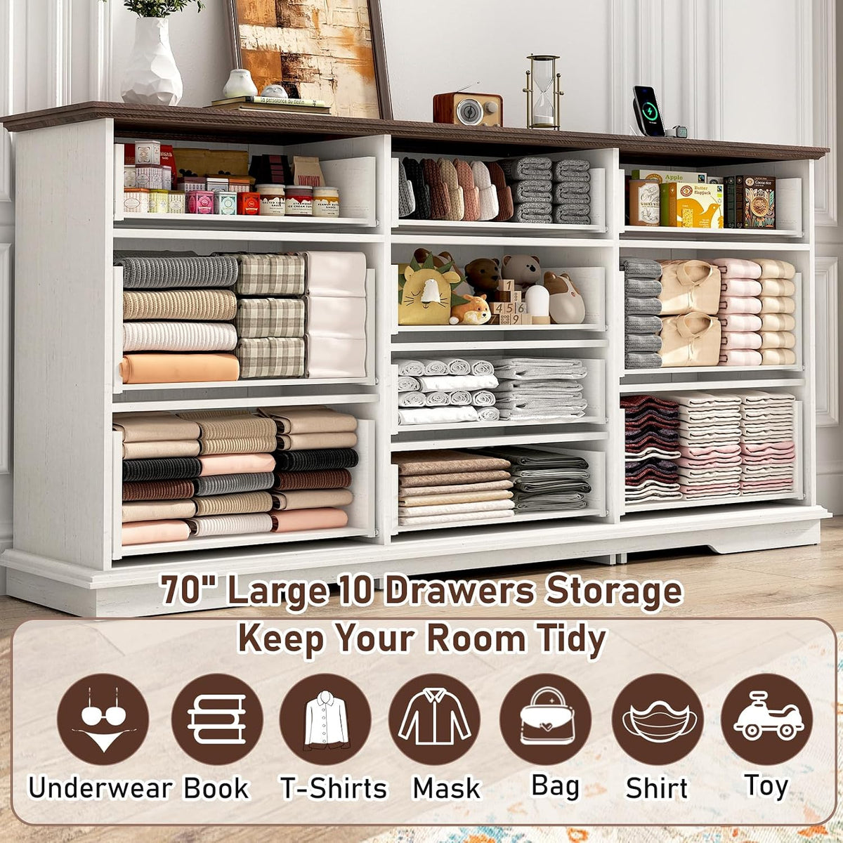 chartustriable 70inch Large Long Dresser w/Charging Station,10 Drawer Dresser w/Deep Big Drawers,Wooden Chest of Drawers w/Power Outlet,White Dressers for Bedroom,Living Room,Entryway