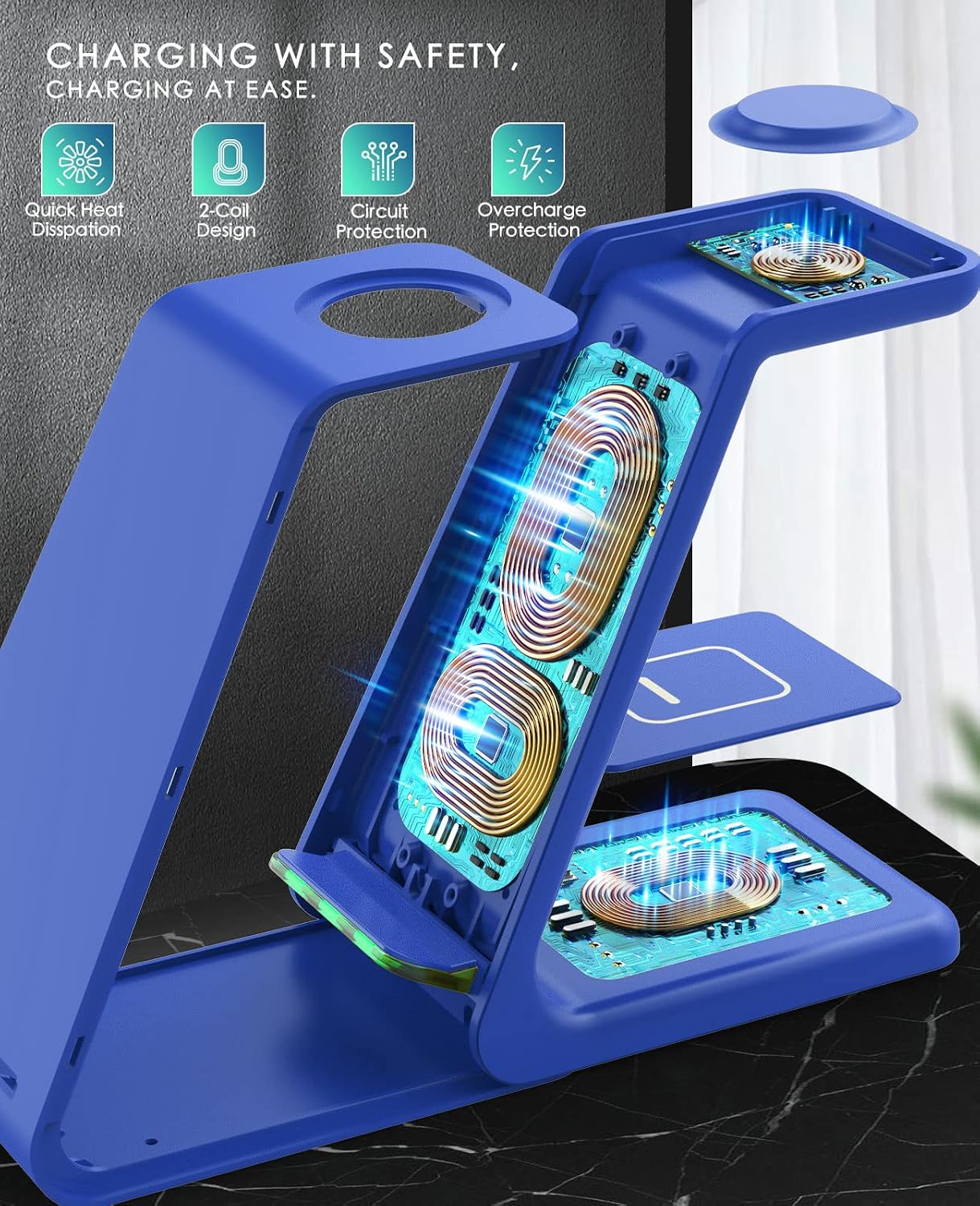 3 in 1 Wireless Charging Station, 2026 Upgraded Fast Desk Charger Station for iPhone 17 16 15 14 13 12 Pro Max Plus, Charger Stand for Apple Watch 10 9 8 7 6 5 4 3 2 SE, Airpods 4 3 2 Pro(Blue)