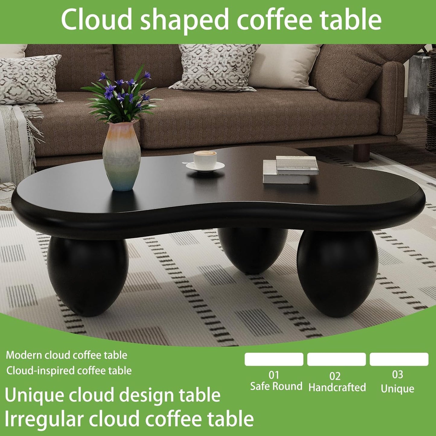 Black Cloud Coffee Table (C Black 47.2in) | Modern Unique Coffee Table for Living Room, Irregular Asymmetrical Center Table for Farmhouse