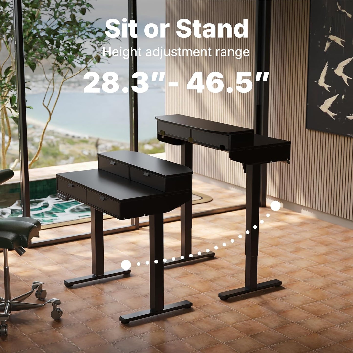 HUANUO 32 X 20 inch Electric Standing Desk with 4 Drawers, Adjustable Height Sit Stand Home Office Desk, C-Clamp Mount Compatible, Ergonomic Stand up Desk with 4 Preset Heights, Black