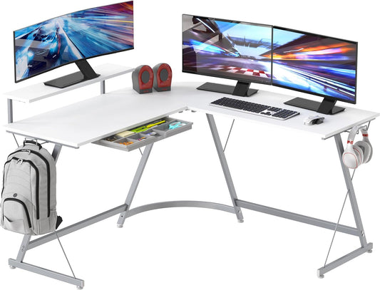 SHW 51 x 51 Inches Vista L-Shaped Desk with Monitor Stand and Drawer, White