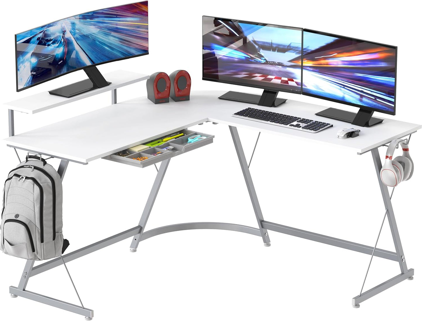 SHW 51 x 51 Inches Vista L-Shaped Desk with Monitor Stand and Drawer, Rustic Brown