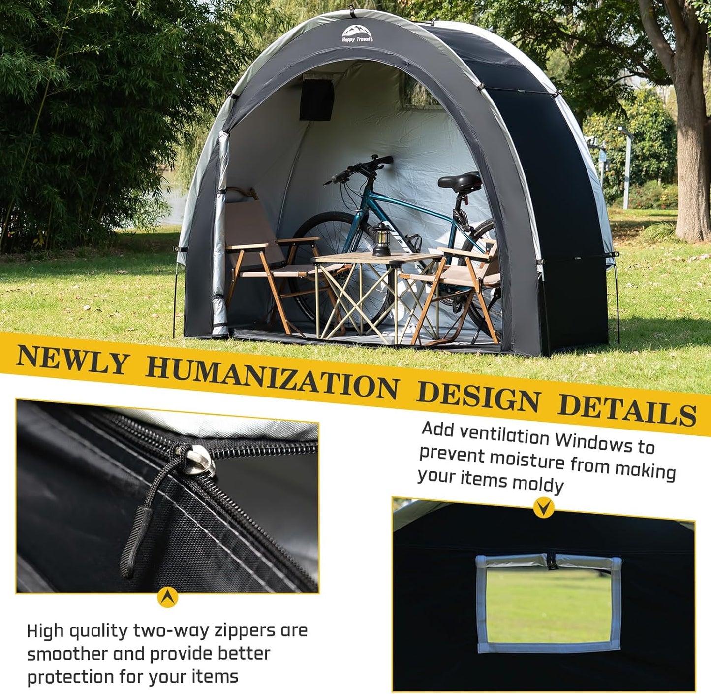 Happy Travel Bike Storage Shed Tent,Outdoor Portable Bicycle Storage Sheds with 210D Oxford Fabric PU4000 Waterproof for 2/3/4/6/8 Bikes,Bike Covers Shelter for Motorcycle,Garden Tools,Toys,Lawn Mower