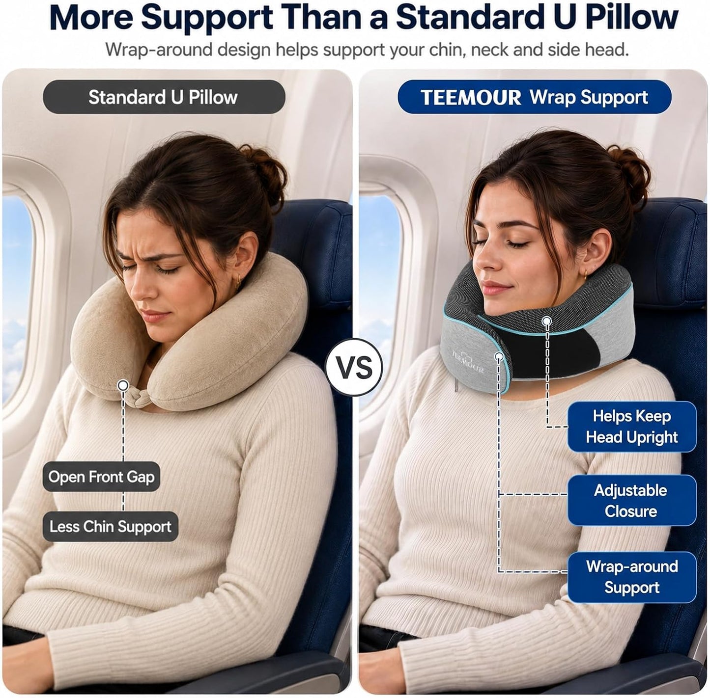 Travel Pillow-Neck Pillows for Airplanes, Memory Foam Travel Neck Pillow for Long Flights|Airport Travel Essentials 360° Support Gifts for Travellers With Eye Mask & Earplugs, Portable Carry Bag