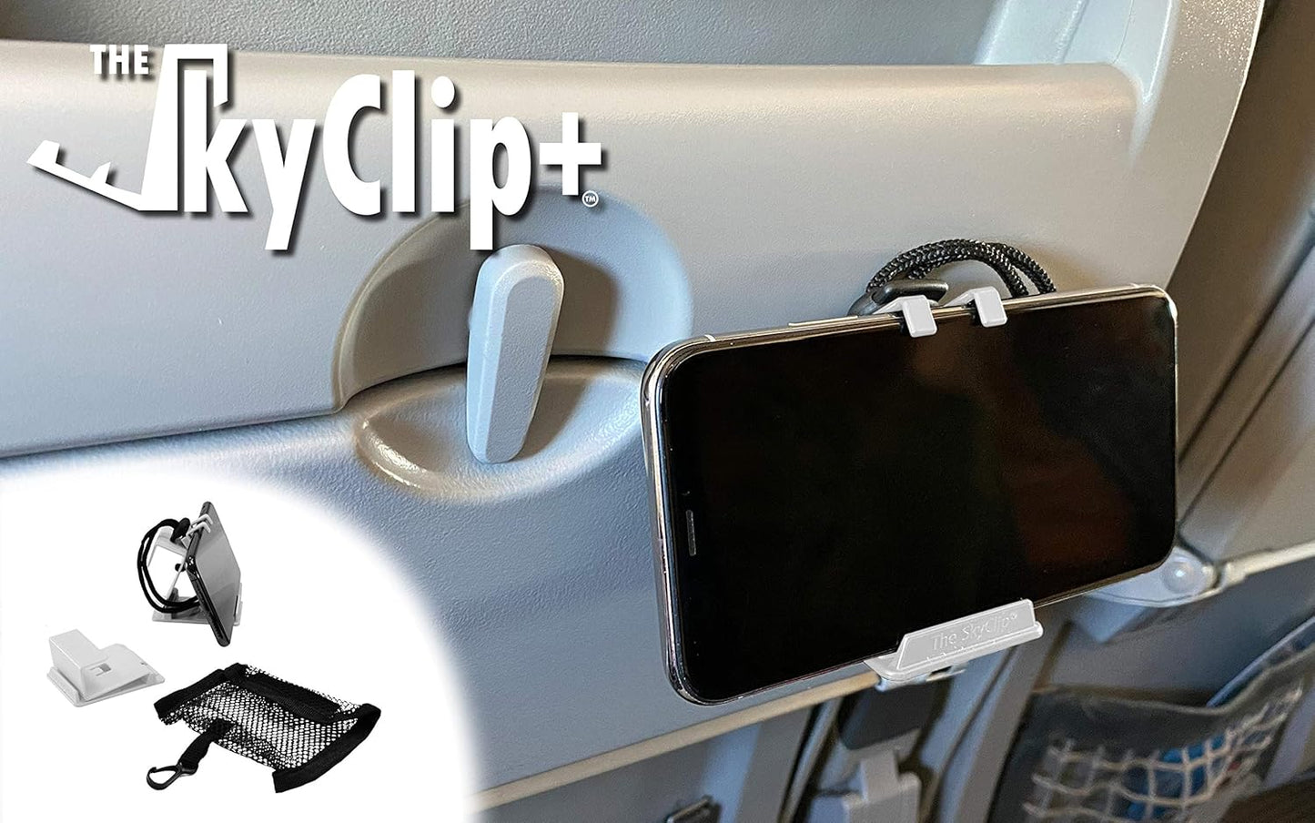 The SkyClip+ Phone & Tablet Holder for Air Travel, Home and Office Use - Inflight Phone Mount & Stand Compatible with iPhone, Android, Kindle and Tablets - Ultimate Travel Accessory (Black)