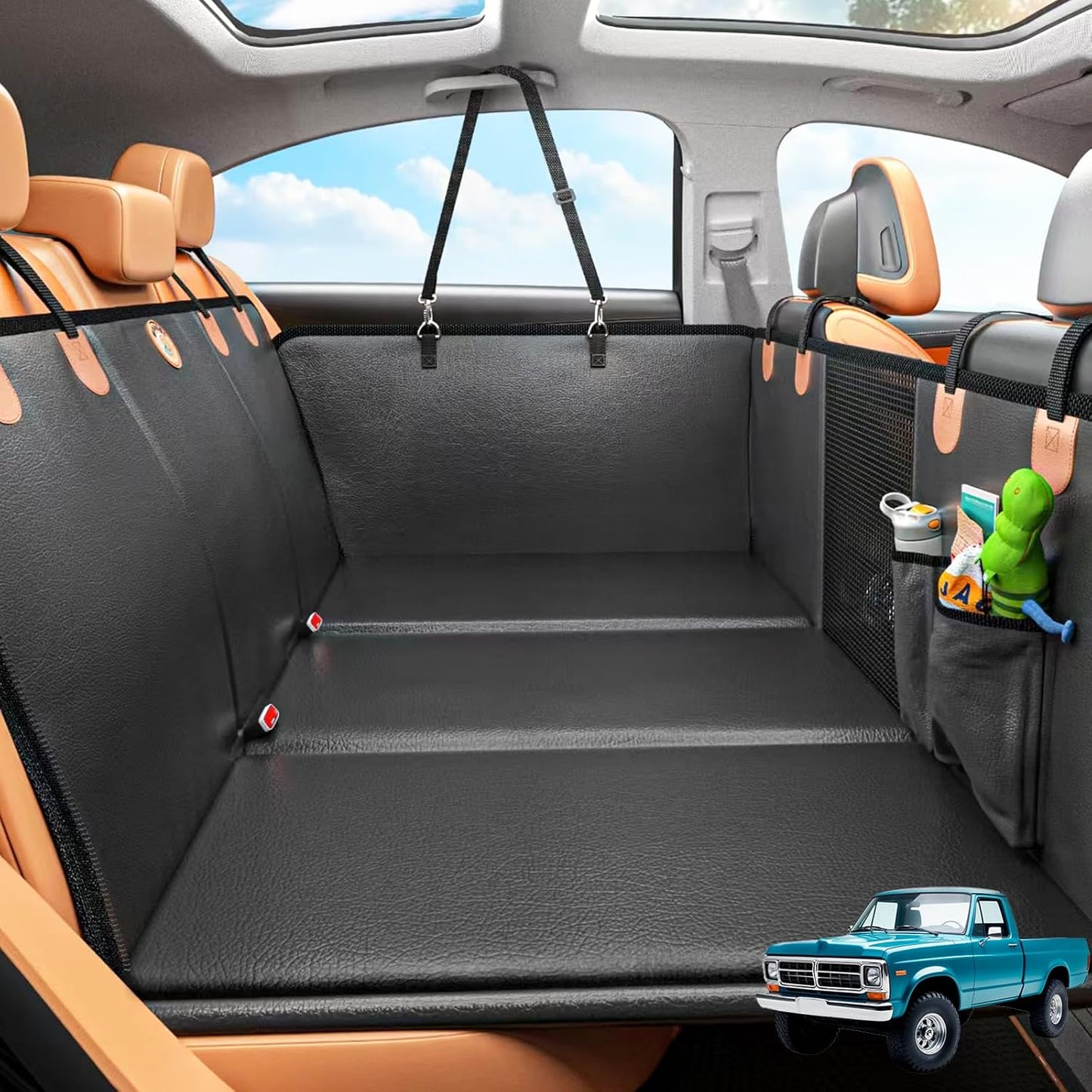 MYJAQI Back Seat Extender for Dogs, PU Leather Dog Car Seat Cover for Back Seat with Hard Bottom, 100% Waterproof, Scratch Proof and Anti Slip Dog Hammock for Car, Holds 400lbs