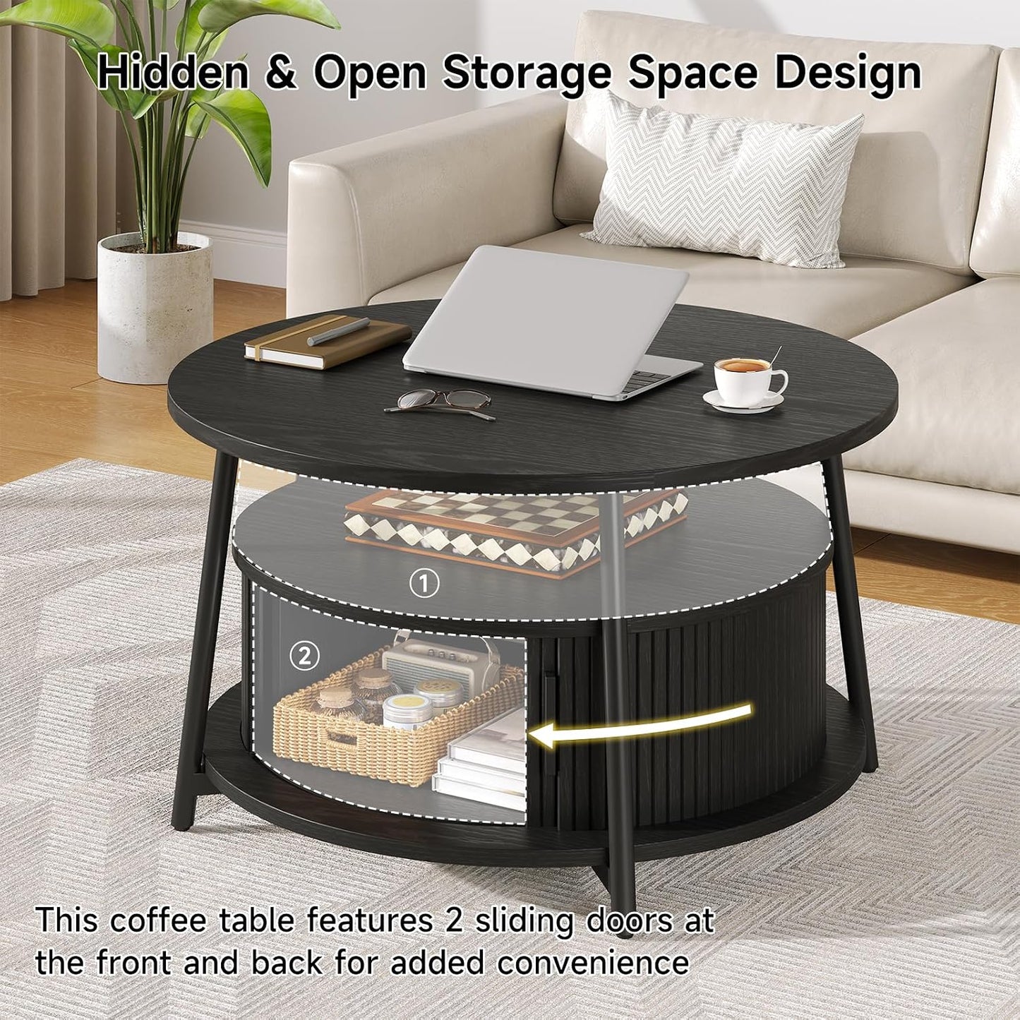 ONBRILL 31.5" Round Coffee Table with Storage and 2 Tiers, Black | Mid-Century Modern Center Table with 2 Sliding Doors and Adjustable Footpad for Living Room
