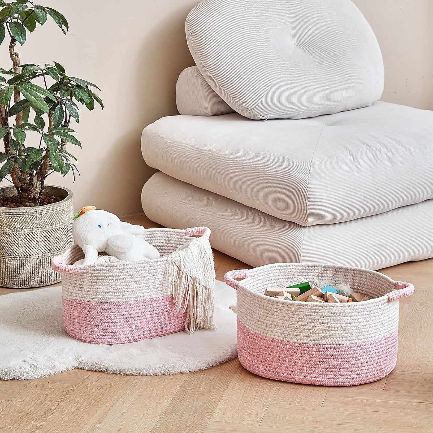 R RUNKA Storage Baskets for Organizing | 15"x10.2"x9.1" - 1 Pack Nursery Bin with Handles - Woven Cotton Rope Baskets for Dog Toys, Books, Shelf, Bathroom,Closet -Pink Basket for Girls
