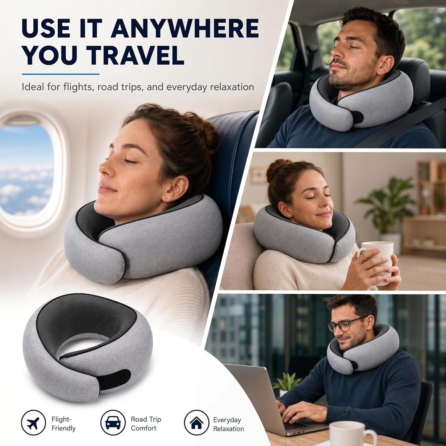 Travel Pillow, Memory Foam Neck Pillow with Ergonomic 360° Support, Travel Neck Pillow for Airplanes, Compact Design for Plane, Car & Office Travel Essentials, Gray