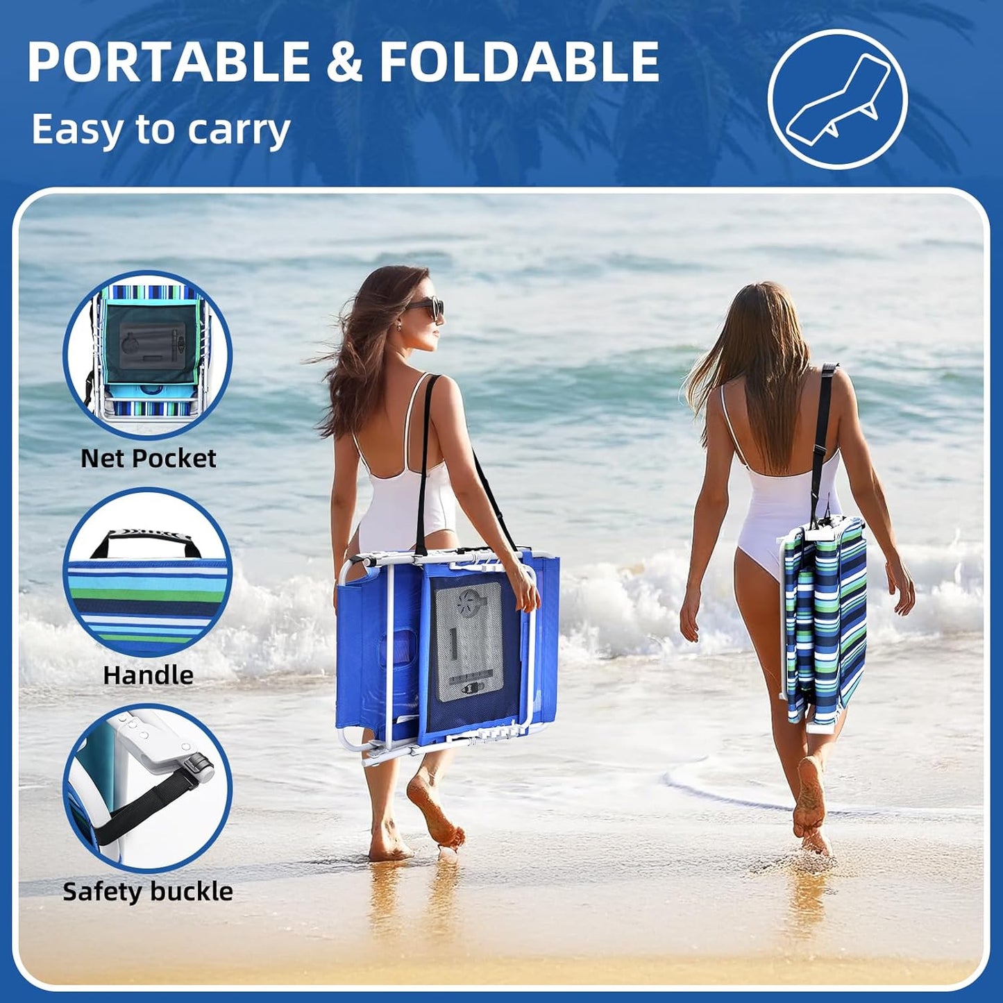 3-in-1 Beach Chair Face Holes, Lounge Chair Outdoor with Folding Side Table, 5-Position Recliner, Lay Flat, Removable Pillow, Heavy Duty, Max 330lbs, Poolside, Patio, Camping, Backyard Striped Blue