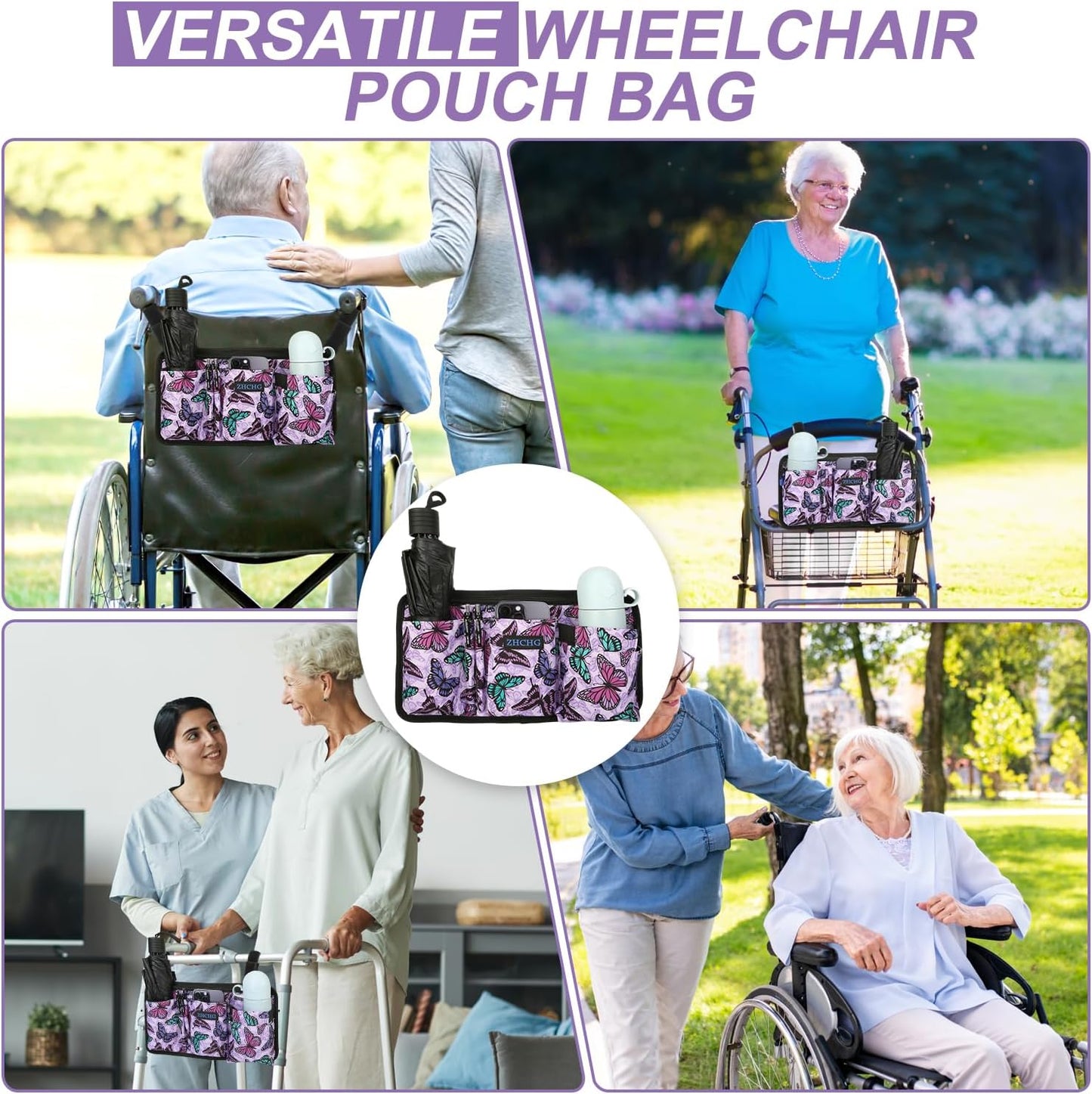 ZHCHG Wheelchair Side Bag with Cup Holder, Wheelchair Armrest Pouch Accessories for Walker, Rollator, Electric Scooter Wheelchairs, Ideal Gift for Mother's Day & Father's Day -Purple
