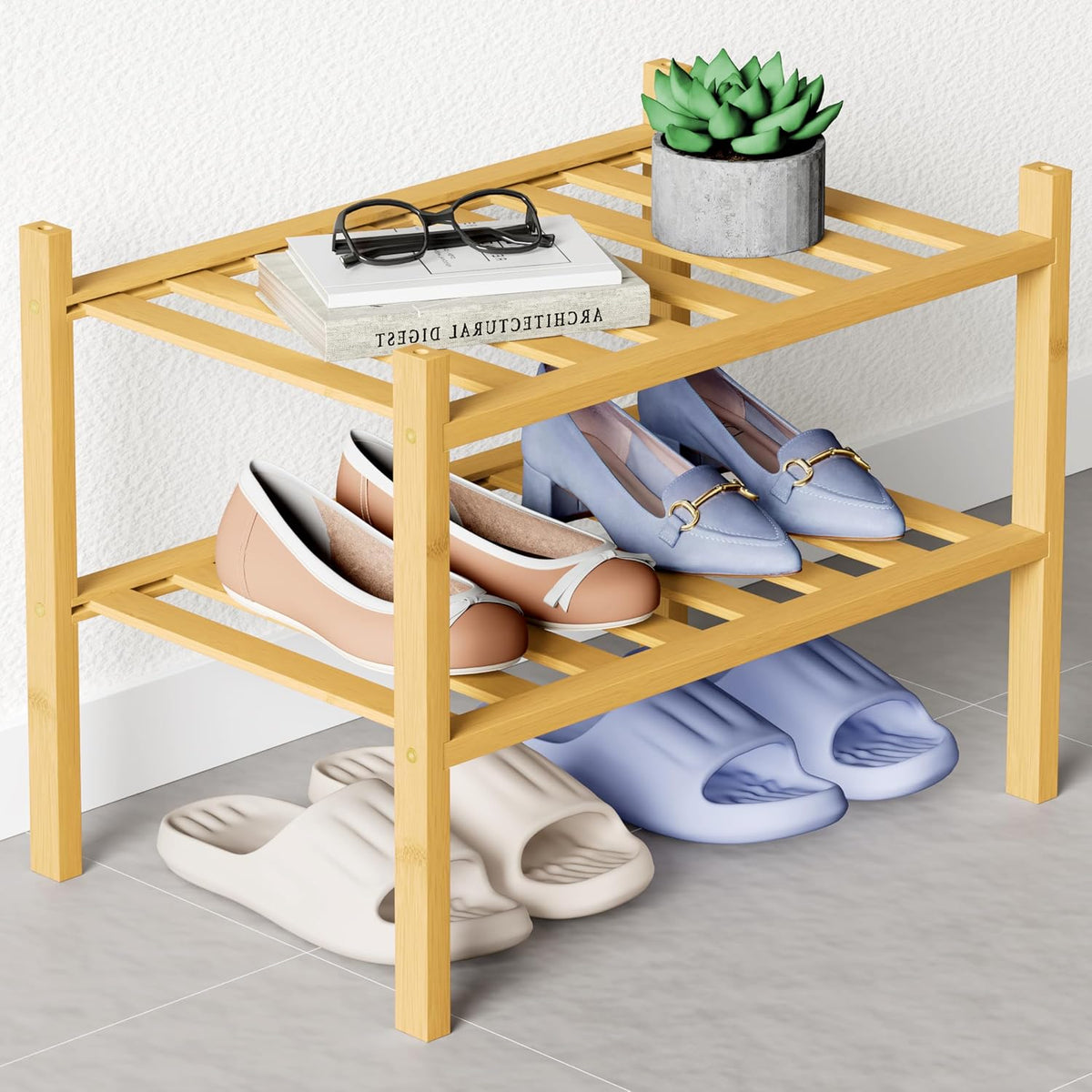 Smiry Bamboo Shoe Rack for Closet, 2 Tier - 17.32" Wide, Natural