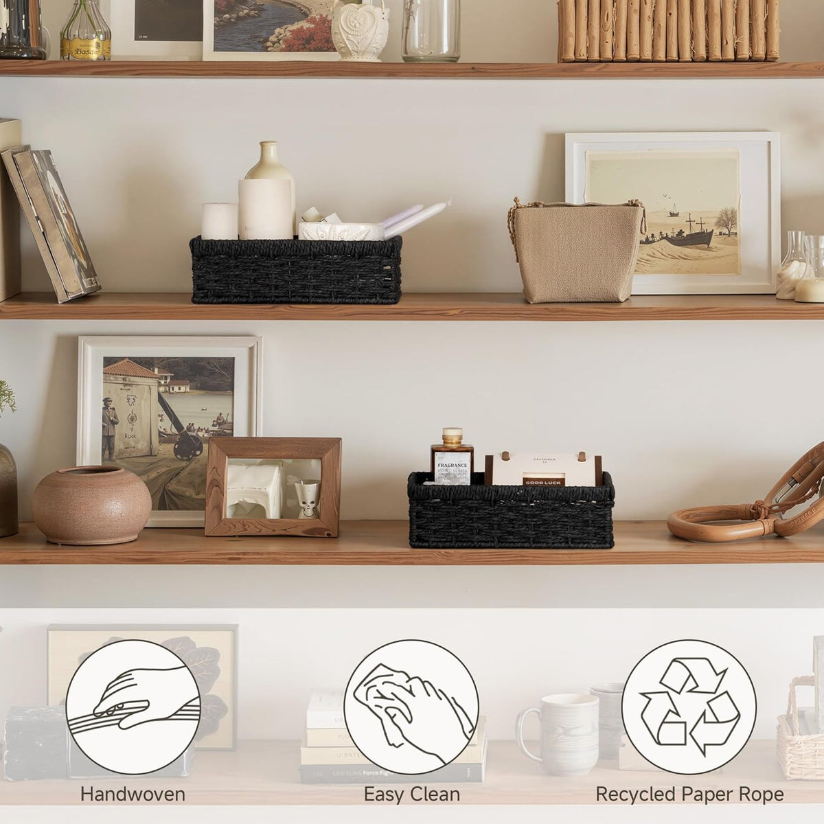 StorageWorks Wicker Baskets for Organizing, Paper Rope Black Baskets,2-Pack