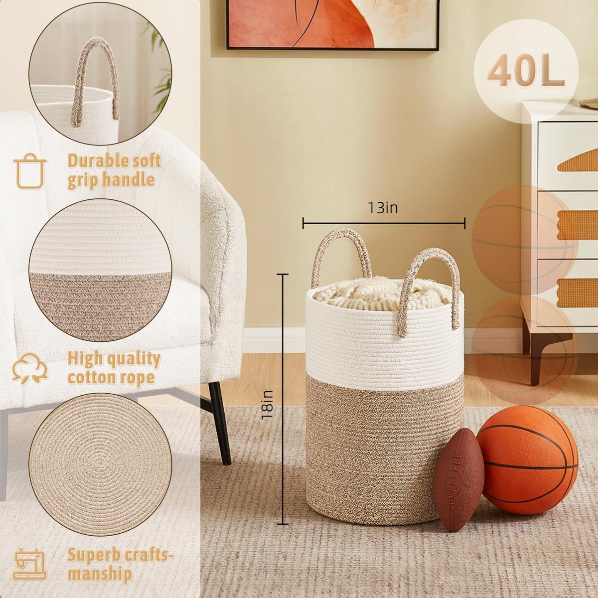 Artfeel Laundry Basket,Woven Cotton Rope Laundry Hamper,40L for Decorative Storage of Dirty Clothes,Toys and Blankets in Bathroom,Baby Room and Living Room