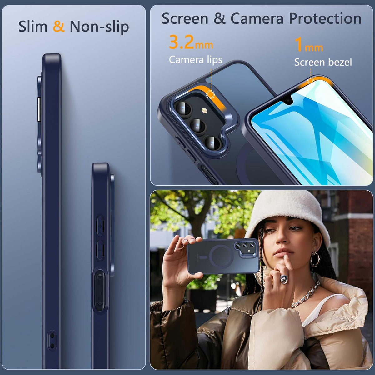 Magnetic for Samsung Galaxy A16 5G Phone Case with Screen Protector, Compatible with MagSafe, Built-in Camera Stand Case Shockproof Protective Cover for Samsung Galaxy A16 5G/4G (Blue)