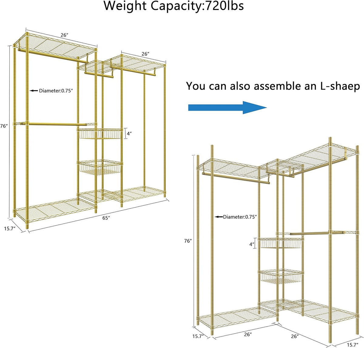 Xiofio 6 Tiers Heavy Duty Clothes Rack, Metal Clothing Rack,Clothing Storage Organizer,Garment Rack with Basket,Hanging Adjustable Garment Rack,65.0" L x 15.7" W x 76.0" H,Max Load 800LBS,Gold