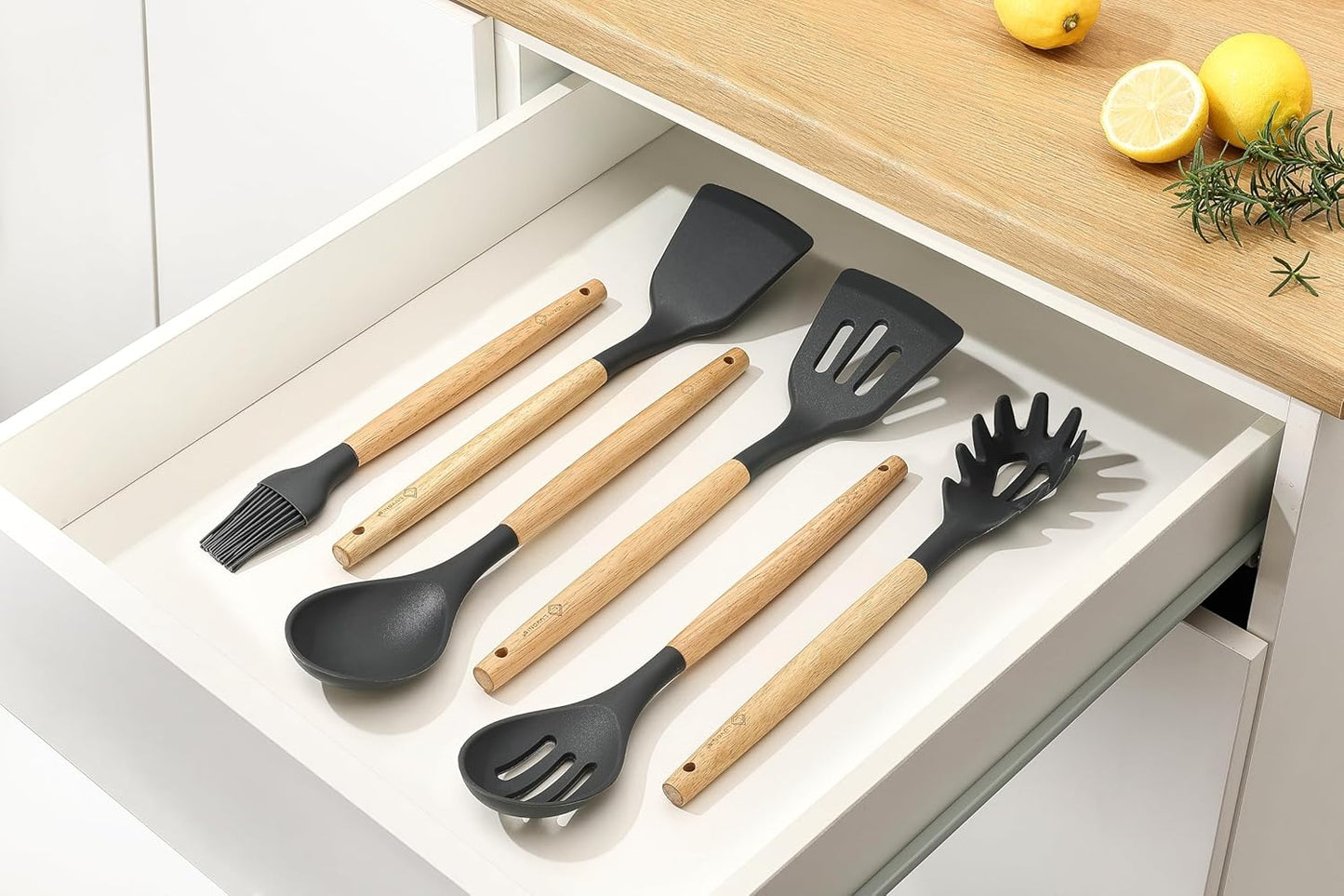 Kitchen Utensils Set 6 PCS, Non-Toxic Cooking Utensils with Heat-Resistant Silicone Spatula, Large Serving & Slotted Spoon, Flexible Spatulas, Brush and Spaghetti Rake - Ideal Starter Set