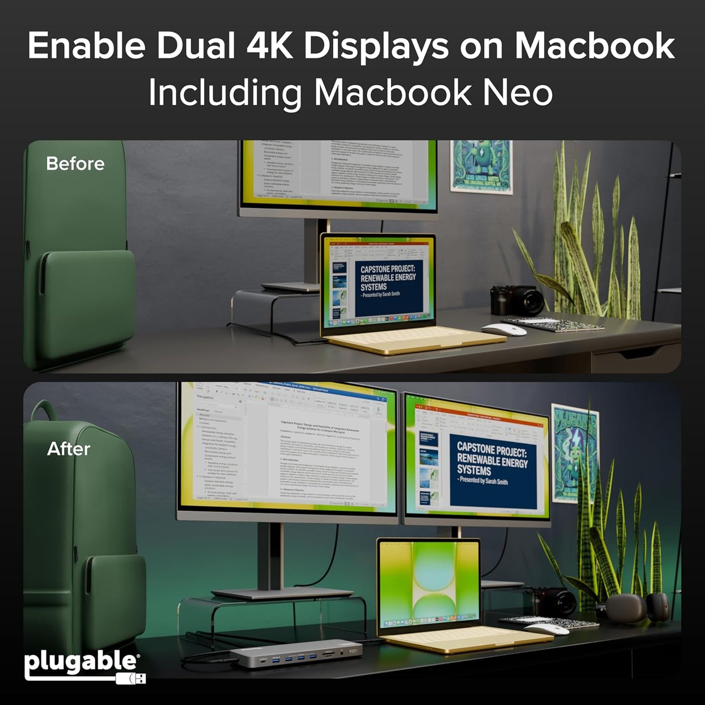 Plugable USB C Laptop Docking Station, Dual Monitor 4K 60Hz for Apple Mac M1/M2/M3/M4/M5,Neo 2X HDMI or DisplayPort for MacBook, 100W Charging DisplayLink Dock, Driver Install Required (UD-6950PDH)