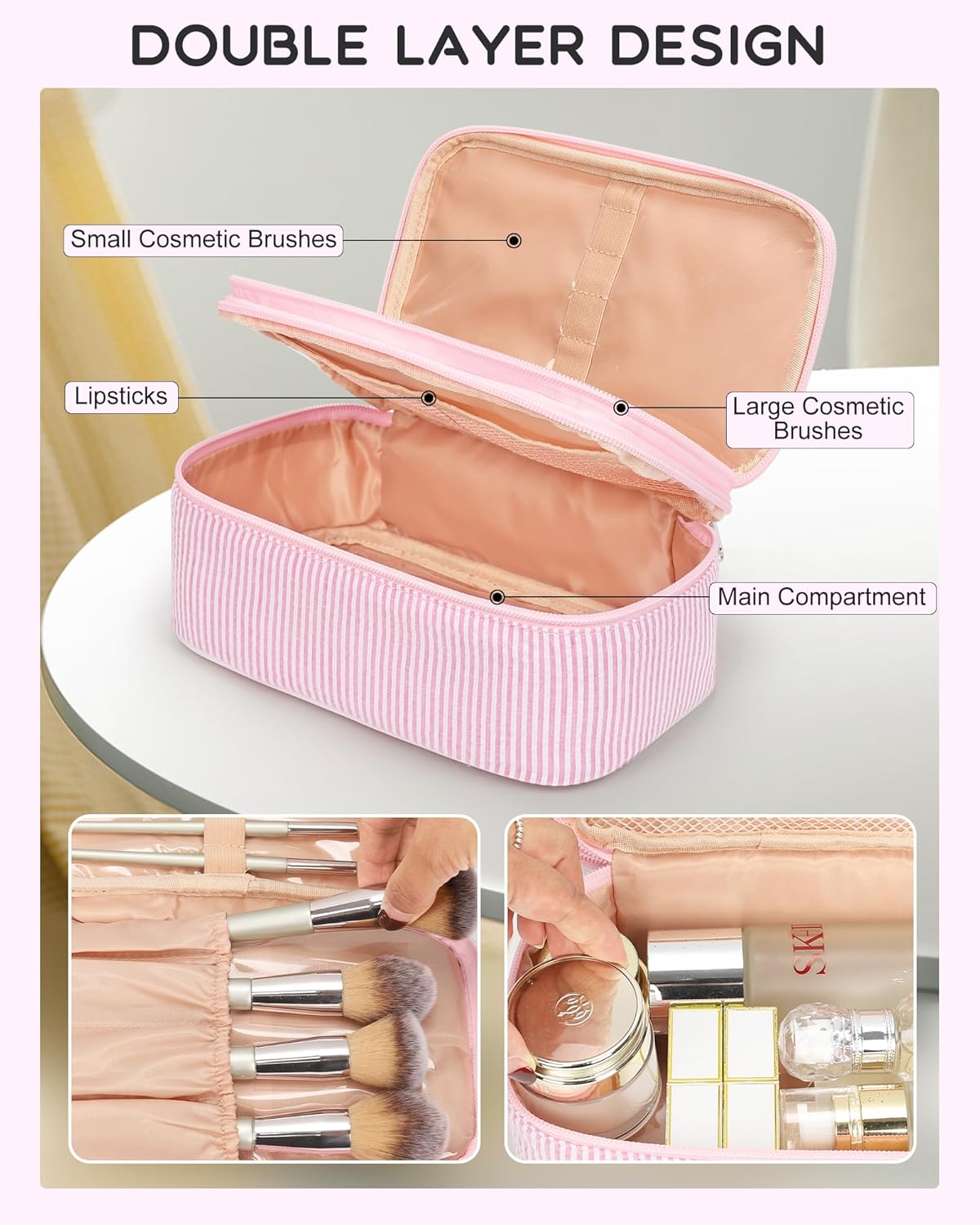 Relavel Cute Makeup Bag for Girls, Portable Pink Cosmetic Bag, Dual-layer Makeup Pouch with Brush Holder, Multi-Functional Preppy Toiletry Organizer for Travel, Daily Use - Pink Strip