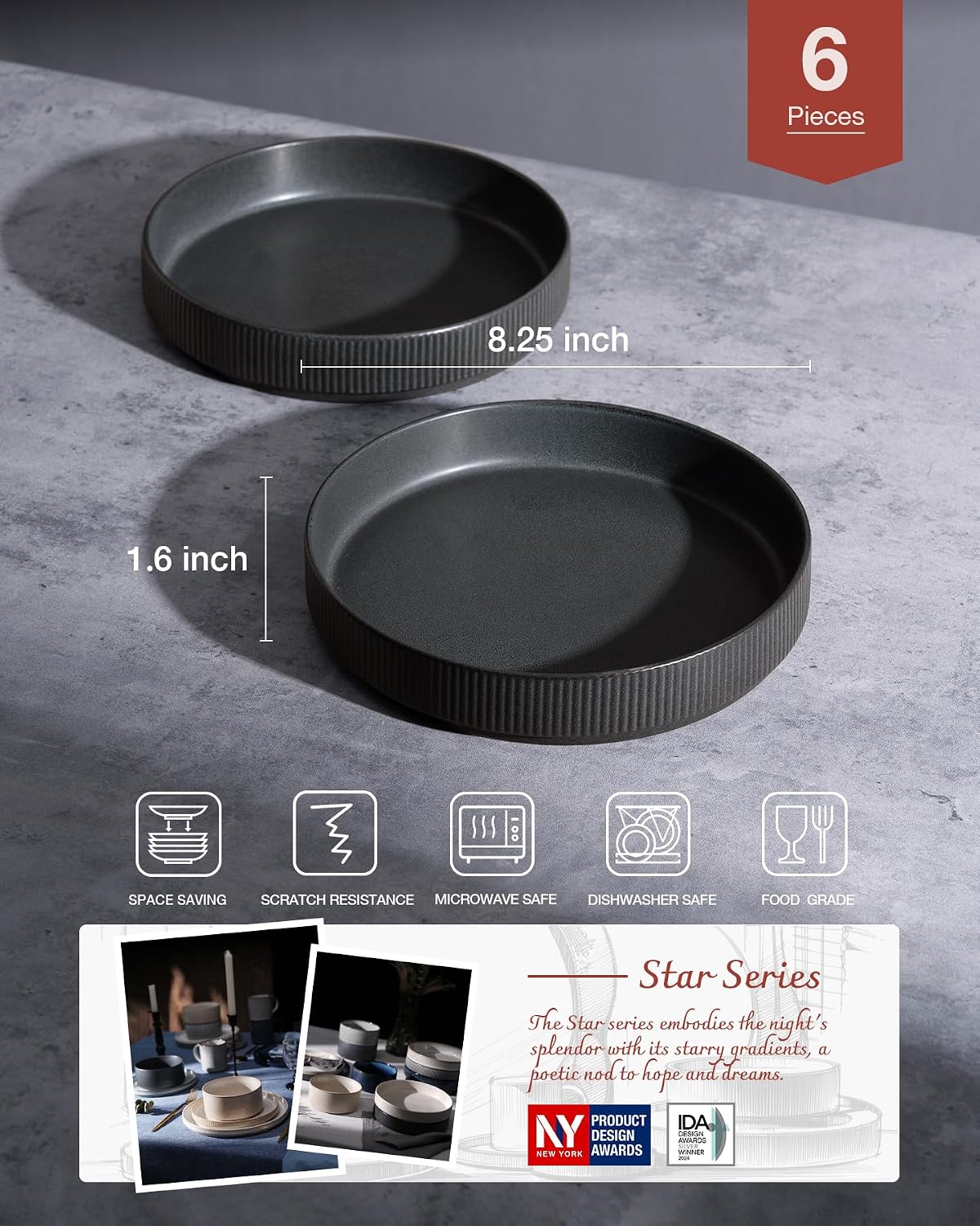 famiware Star 8.25" Pasta Bowls Set of 6, Bowl Plates, Matte Dark Charcoal