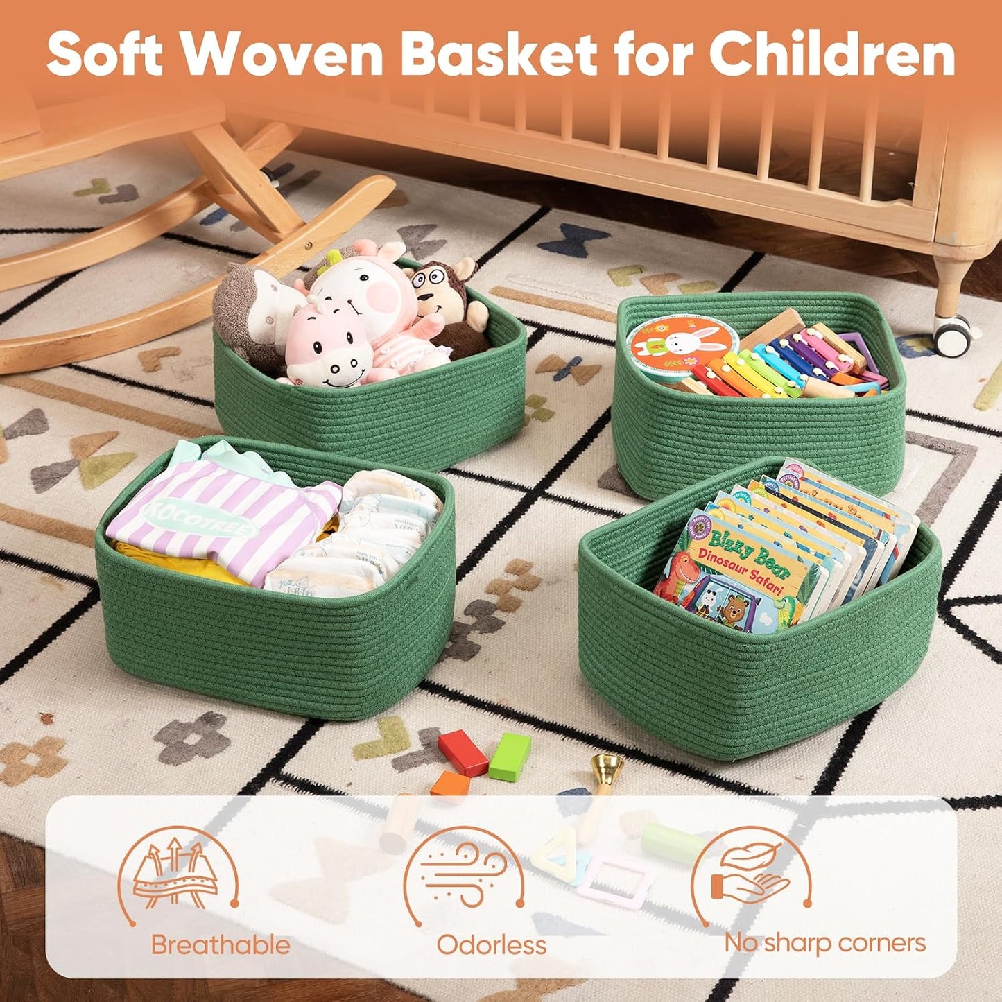 OIAHOMY 4 Pack 14.17 * 11.02 * 6.3IN Storage Baskets for Organizing Shelves, Woven Rope Baskets for Organizing Books, Clothes, Decorative Basket for Living Room, Nursery, Bedroom, Gift Basket, Green