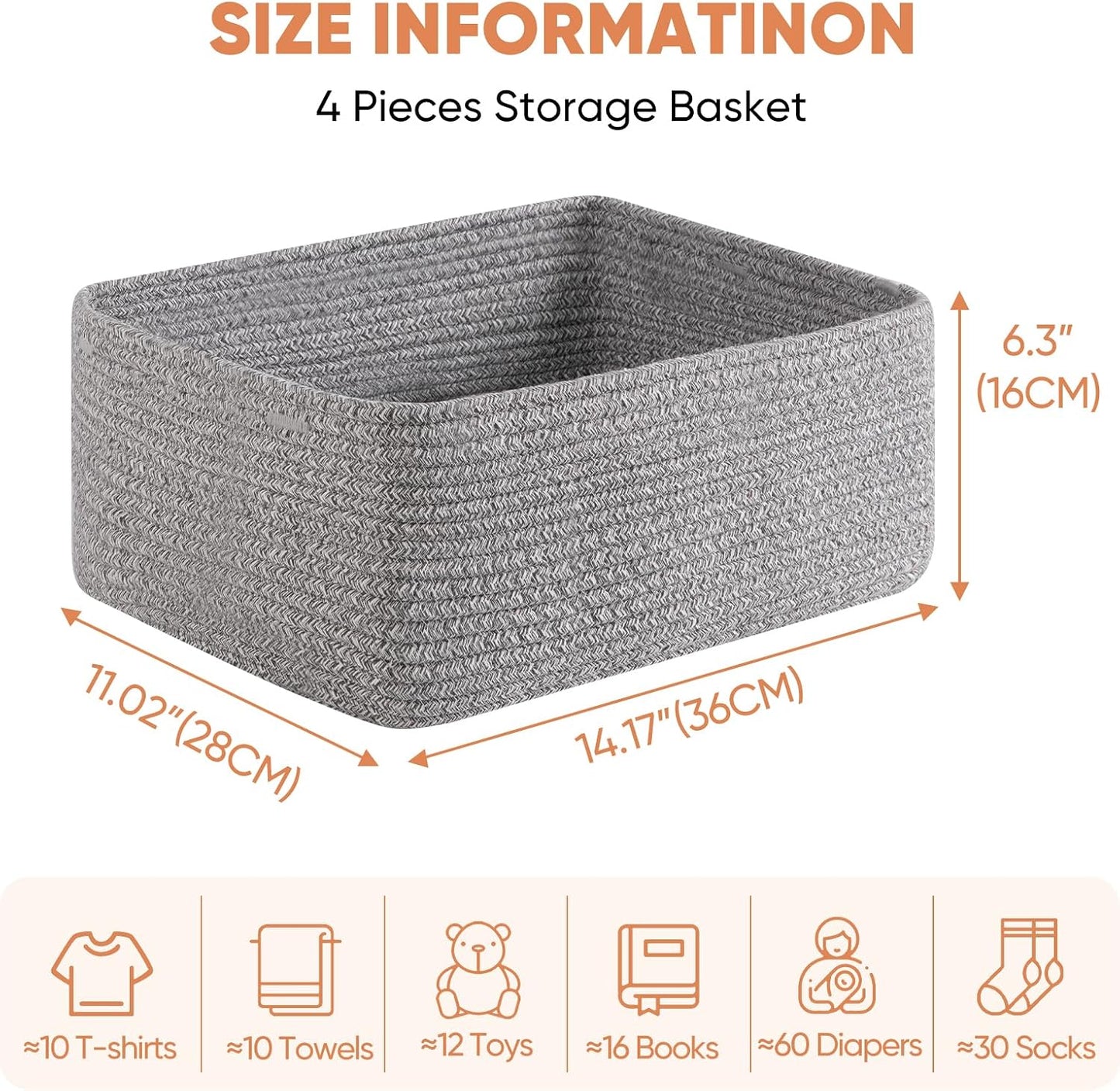 OIAHOMY 4 Pack 14.17 * 11.02 * 6.3IN Storage Baskets for Organizing Shelves, Woven Rope Baskets for Organizing Books, Clothes, Decorative Basket for Living Room, Nursery, Bedroom, Gift Basket, Grey