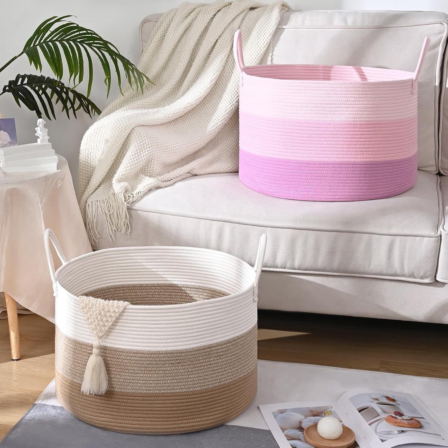 67L Large Woven Blanket Basket, Cotton Rope Baby Laundry Hamper with Handles, Kids Toy Basket for Classroom & Nursery, Soft Round Stuffed Animal Storage, Dog Toy Bin - 20"x13", Pink