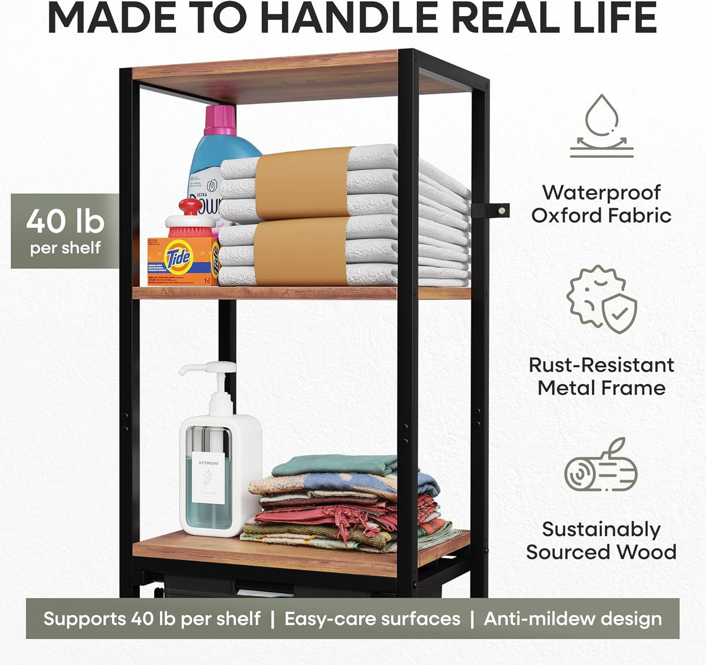 Tilt-Out Laundry Hamper with Shelf – 3 Tier Laundry Organizer with Waterproof Fabric Bin | Freestanding Storage Cabinet with Hooks for Bathroom & Bedroom