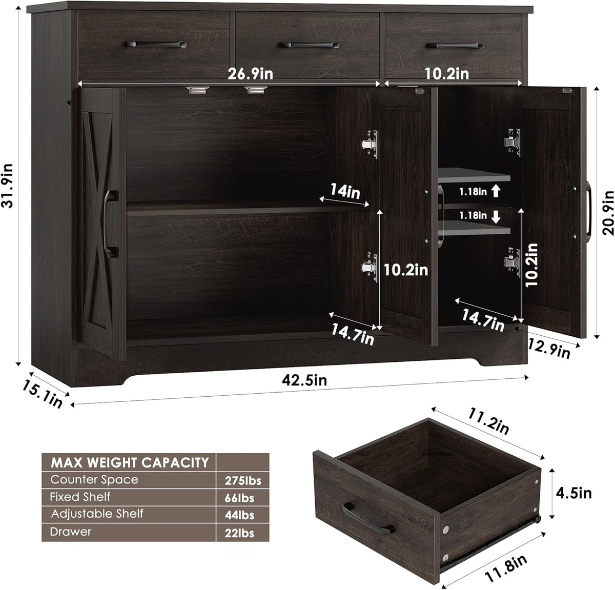 HOSTACK Kitchen Buffet Cabinet with Storage, Sideboard Coffee Bar, Brown | Farmhouse Kitchen Storage Cabinet with 3 Drawers & Adjustable Shelf & Doors, 42.5"W Buffet Table for Dining Living Room