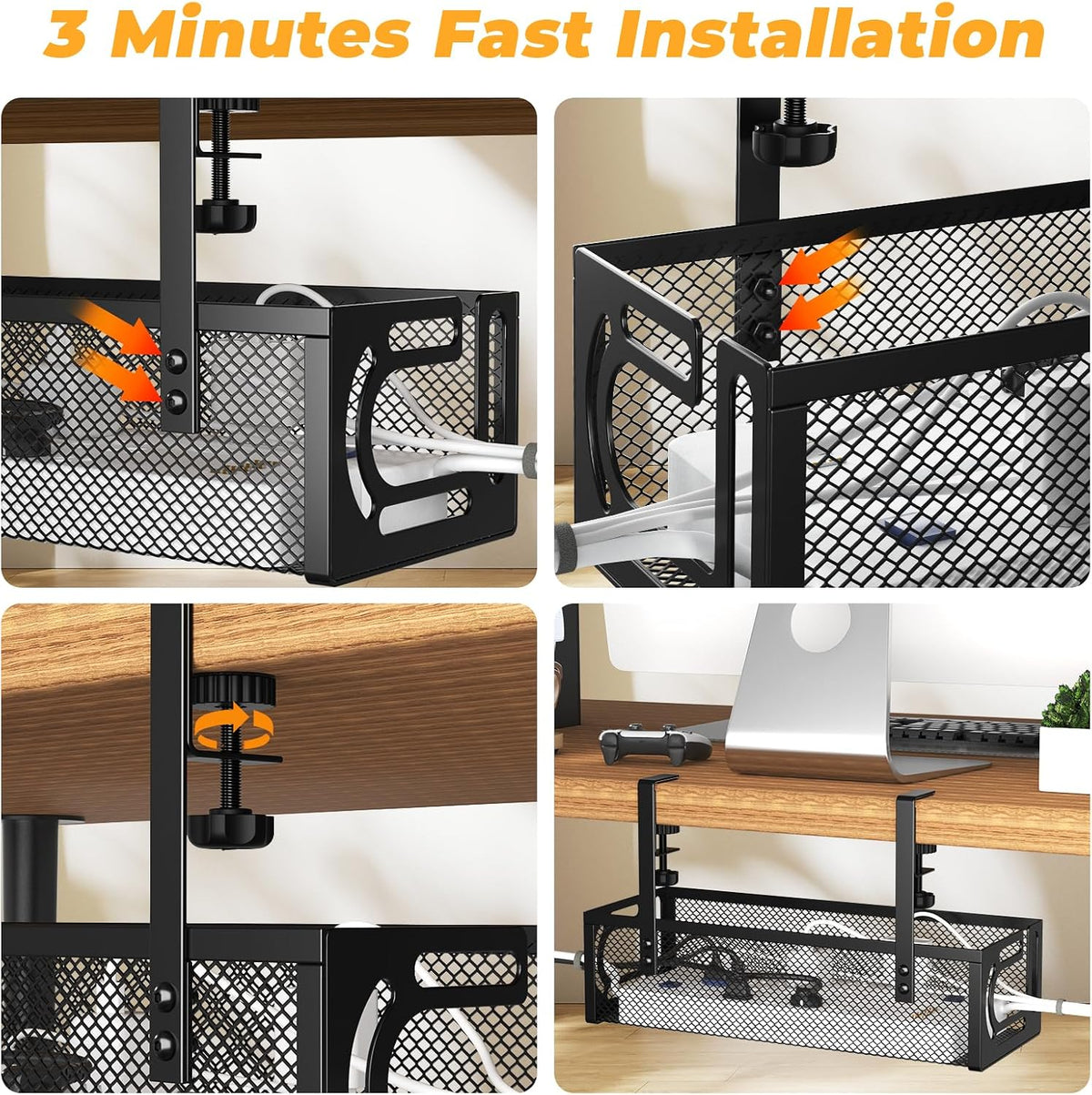 Under Desk Cable Management Tray, 15.7'' No Drill Steel Desk Cable Organizers, Wire Management Tray Cable Management Rack (2 Packs-Black)