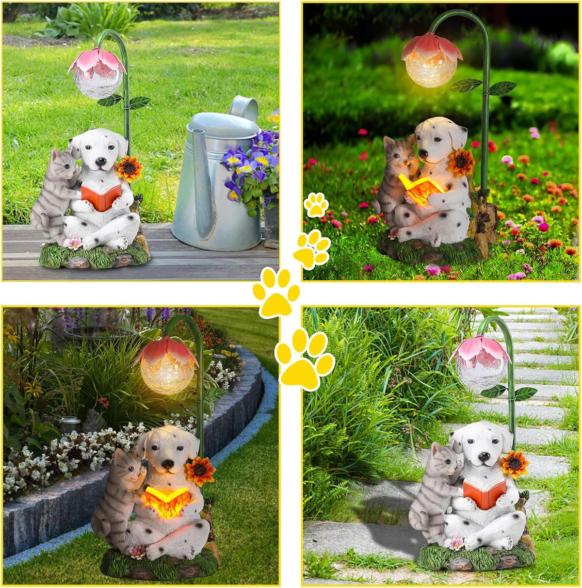 Dog And Cat Solar Garden Light, Cute Resin Figurine with Reading Scene