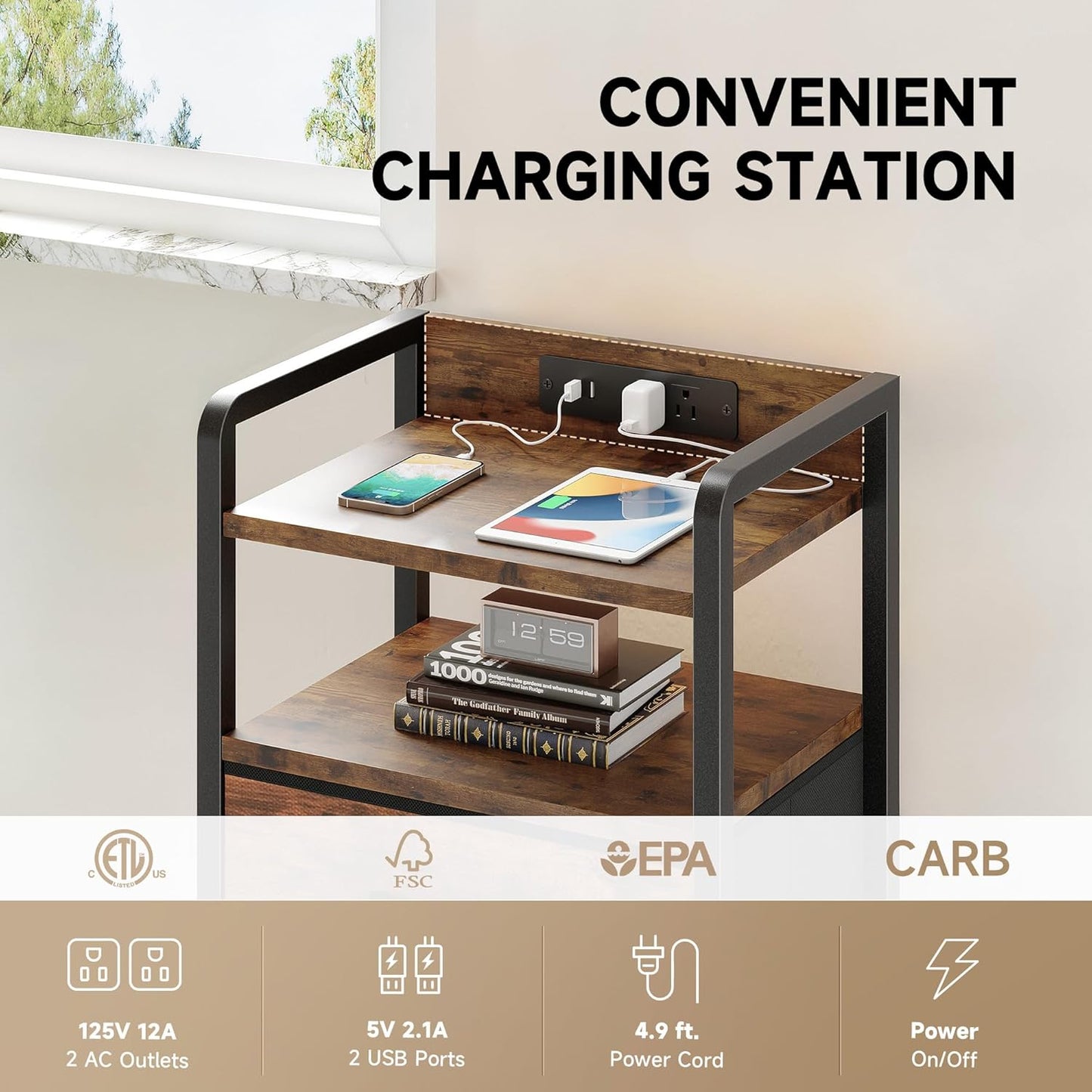 Lazzanto Night Stand Bedside Table Bedroom - Nightstand with Charging Station, Night Stand with LED Light Strip, End Table with U-S-B Ports & AC Outlets, Storage Shelf & 2 Fabric Drawers, Rustic Brown