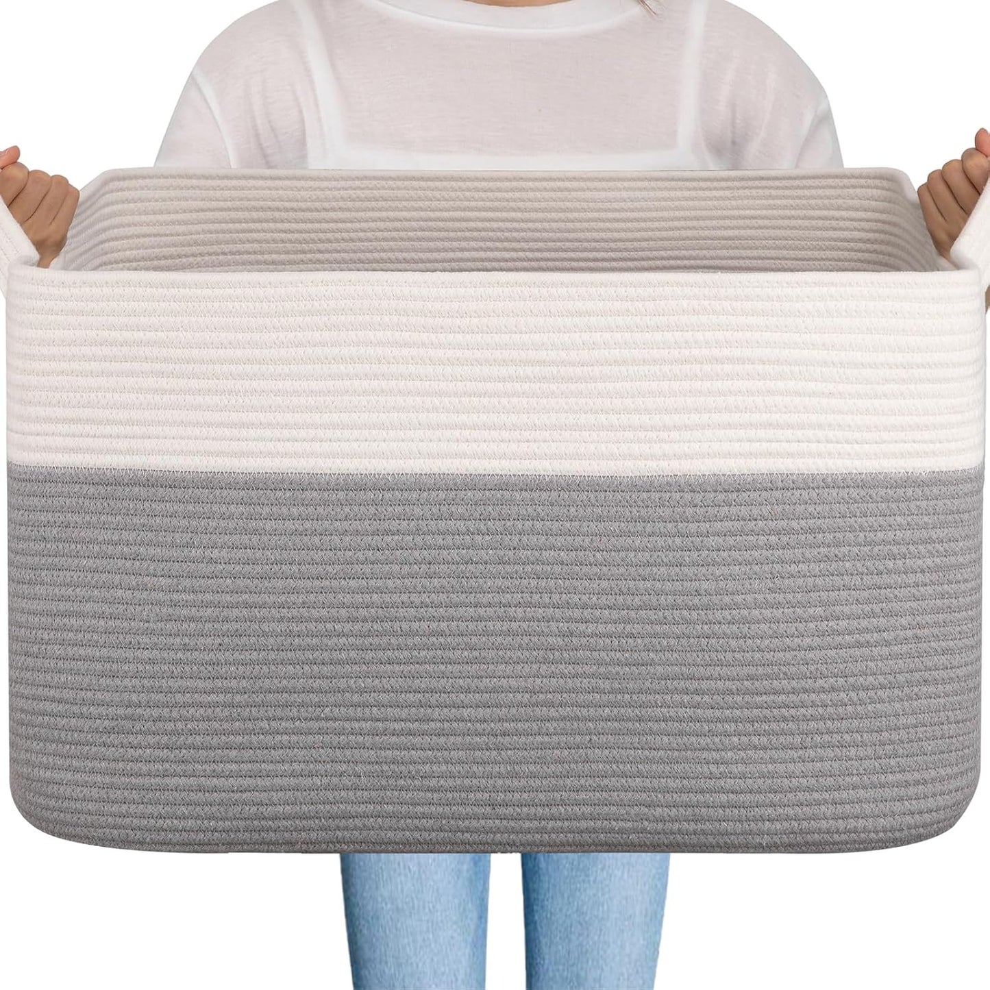 OIAHOMY Extra Large Blanket Basket, 95L Cotton Rope Woven Laundry Basket, Toy Bin for Baby Room, Container for Blanket Storage in Living Room, 24''×17''×14'', Grey & White