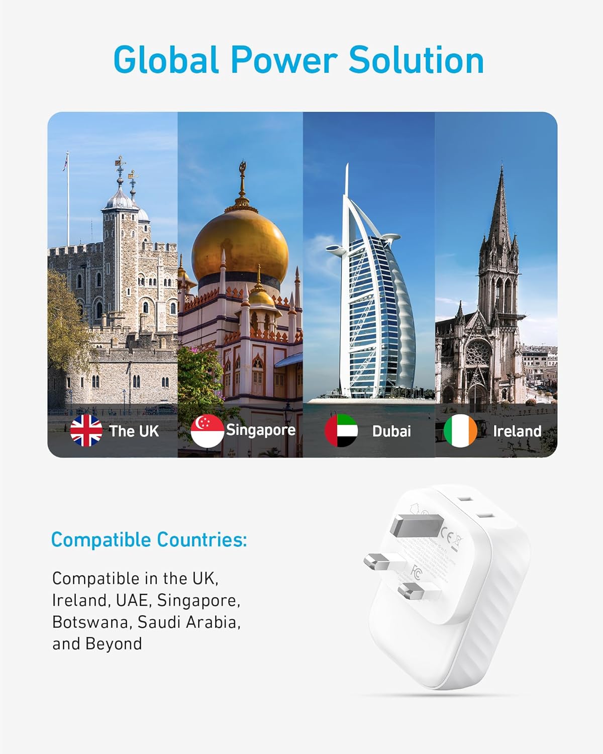 Anker Travel Adapter, Type G Adapter for Travel, US to UK Plug Adapter International Travel Essentials, 2 AC, 1 USB A, 2 USB C for 15W, Compact for iPhone, iPad, England, Ireland, TUV Listed