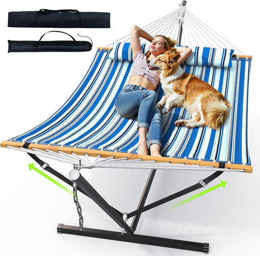 ANAGOO Double Hammock with Stand, Heavy Duty Outdoor Hammock for Two, 500 LBS Capacity, Stable Steel Frame with Balance Strap, Easy Tool-Free Assembly for Patio, Garden, Backyard & Beach,Blue
